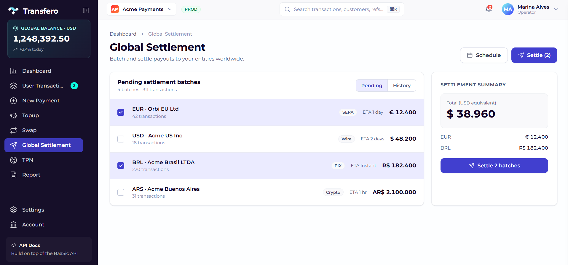 Global settlement — batch payouts to entities worldwide