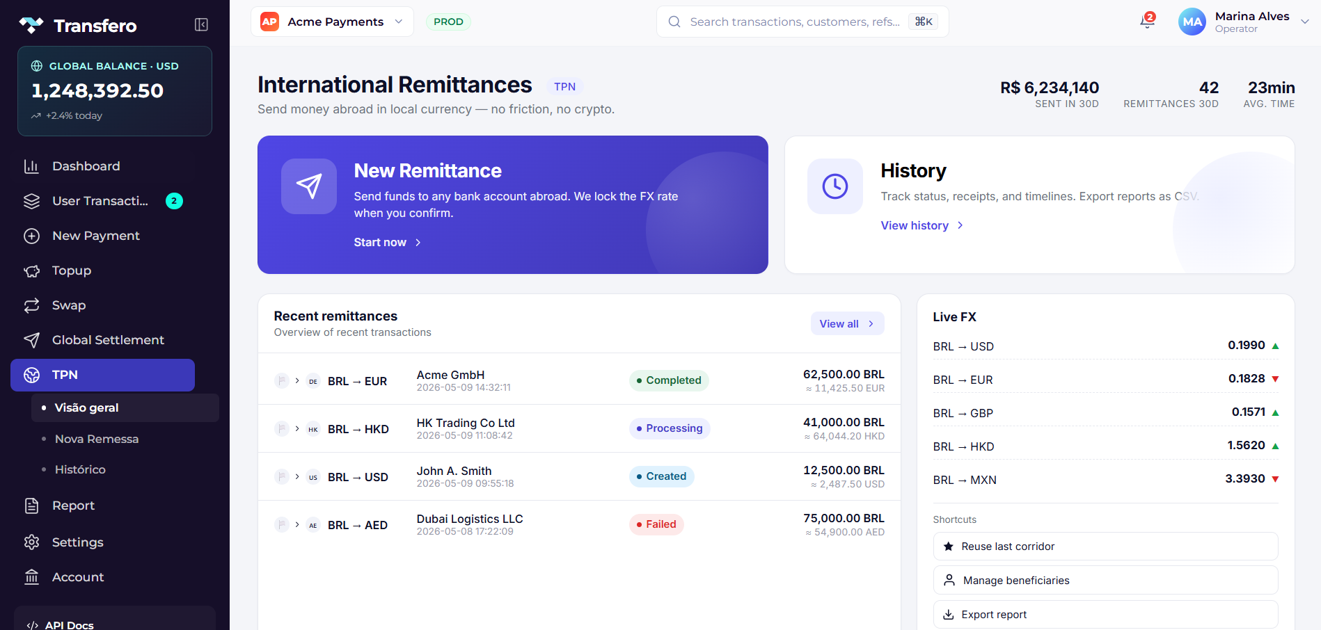 Self-service international remittance hub — live FX, recent remittances and shortcuts