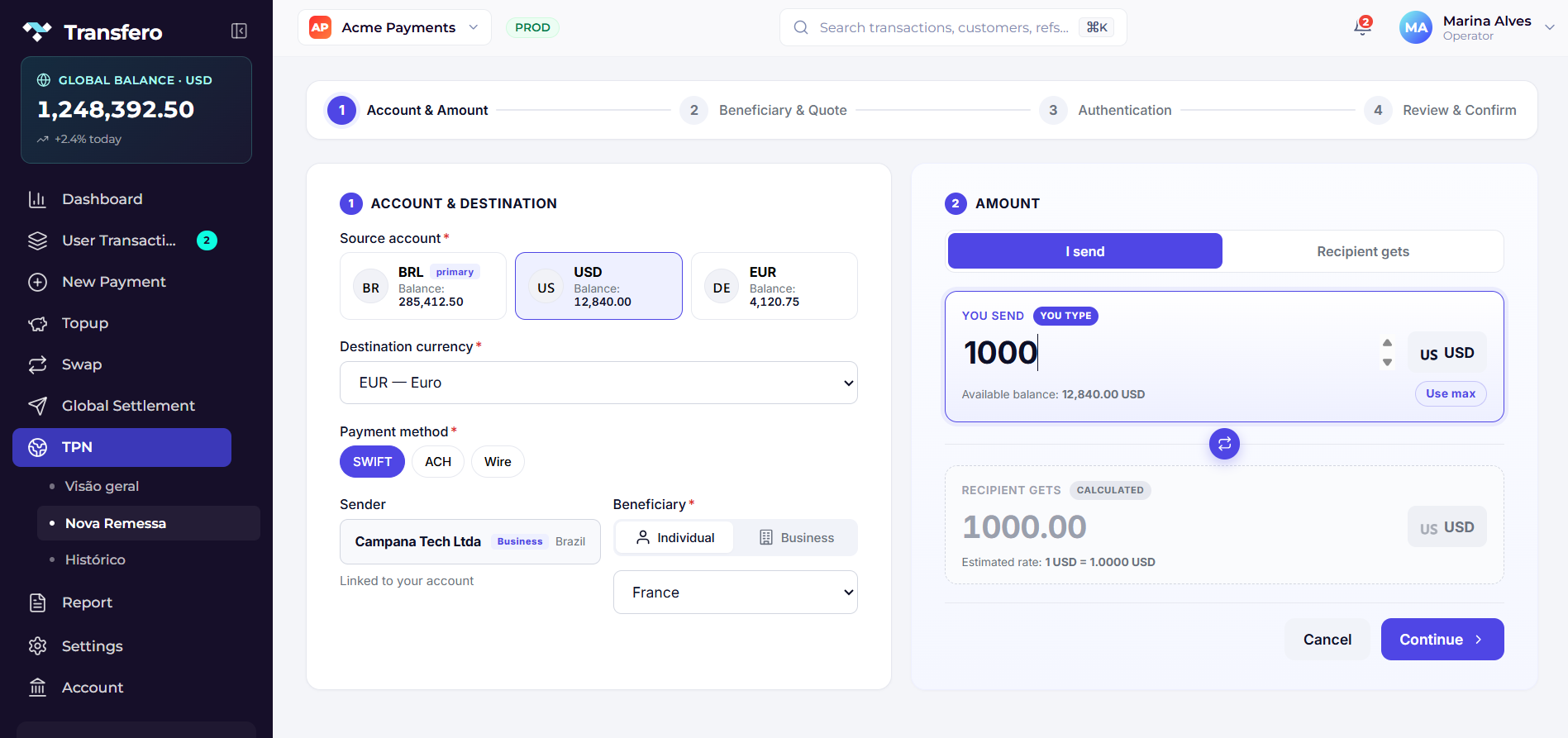 Guided remittance wizard — corridor selection and dual-direction amount