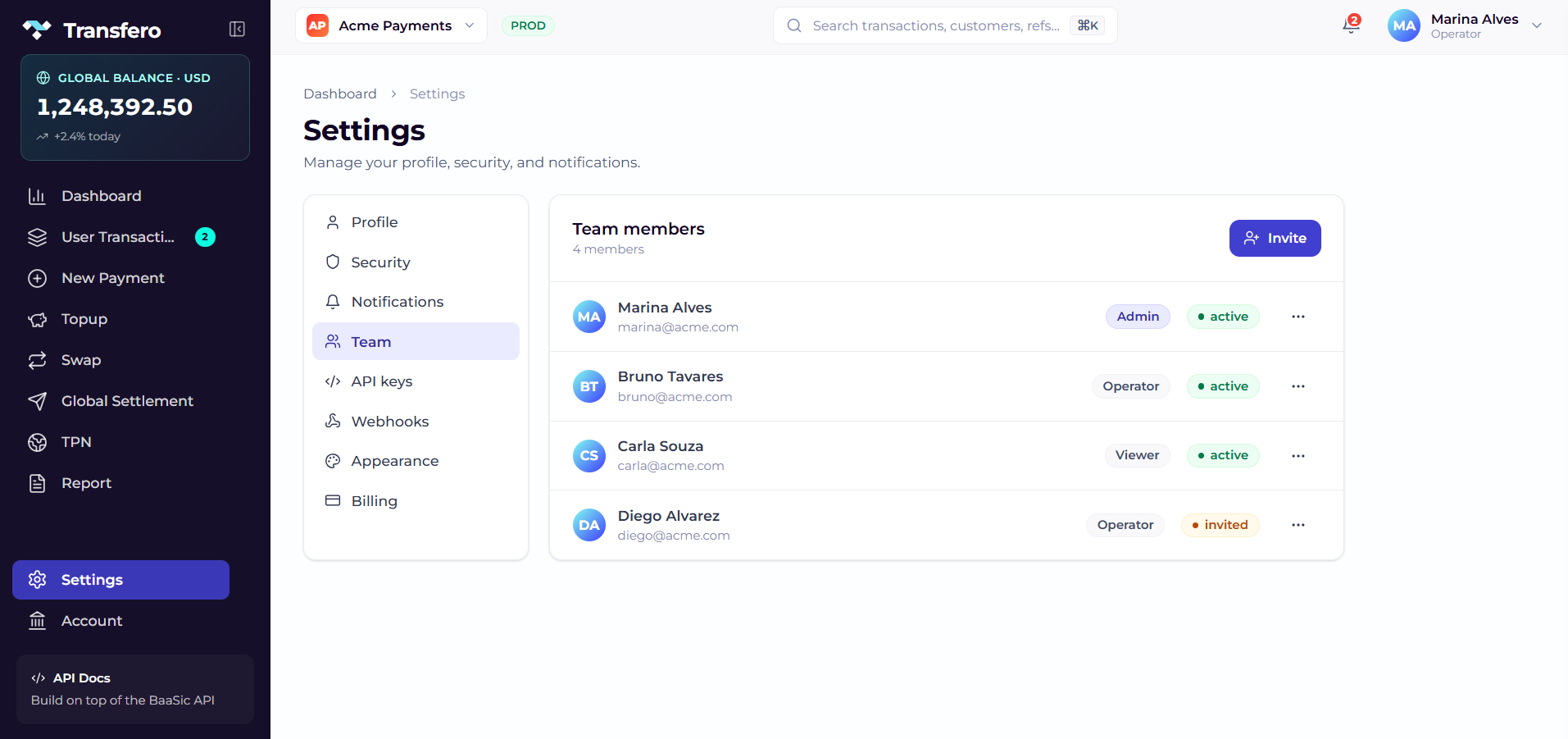 Team management — role-based access for operators and viewers