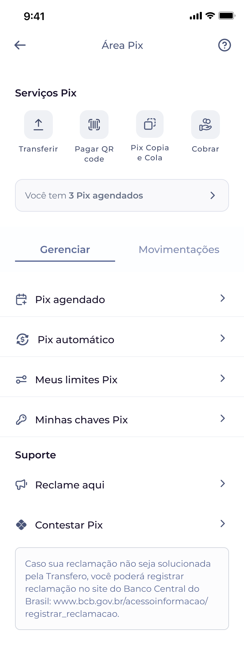 Área Pix — hub com atalhos, Pix agendados e gerenciamento