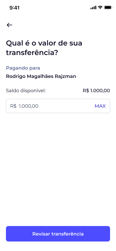 Valor — saldo disponível visível antes do input; atalho MAX